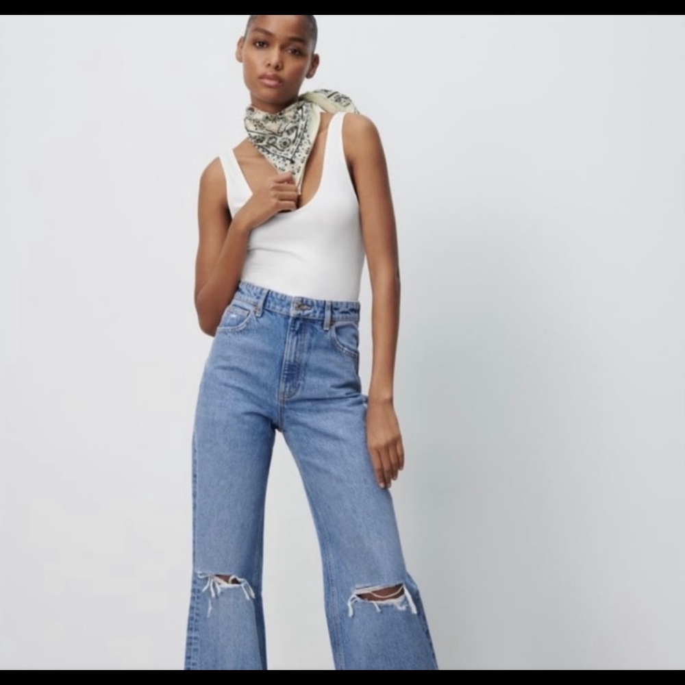 Zara High-Rise Wide Leg Ripped Jeans in Light Blue